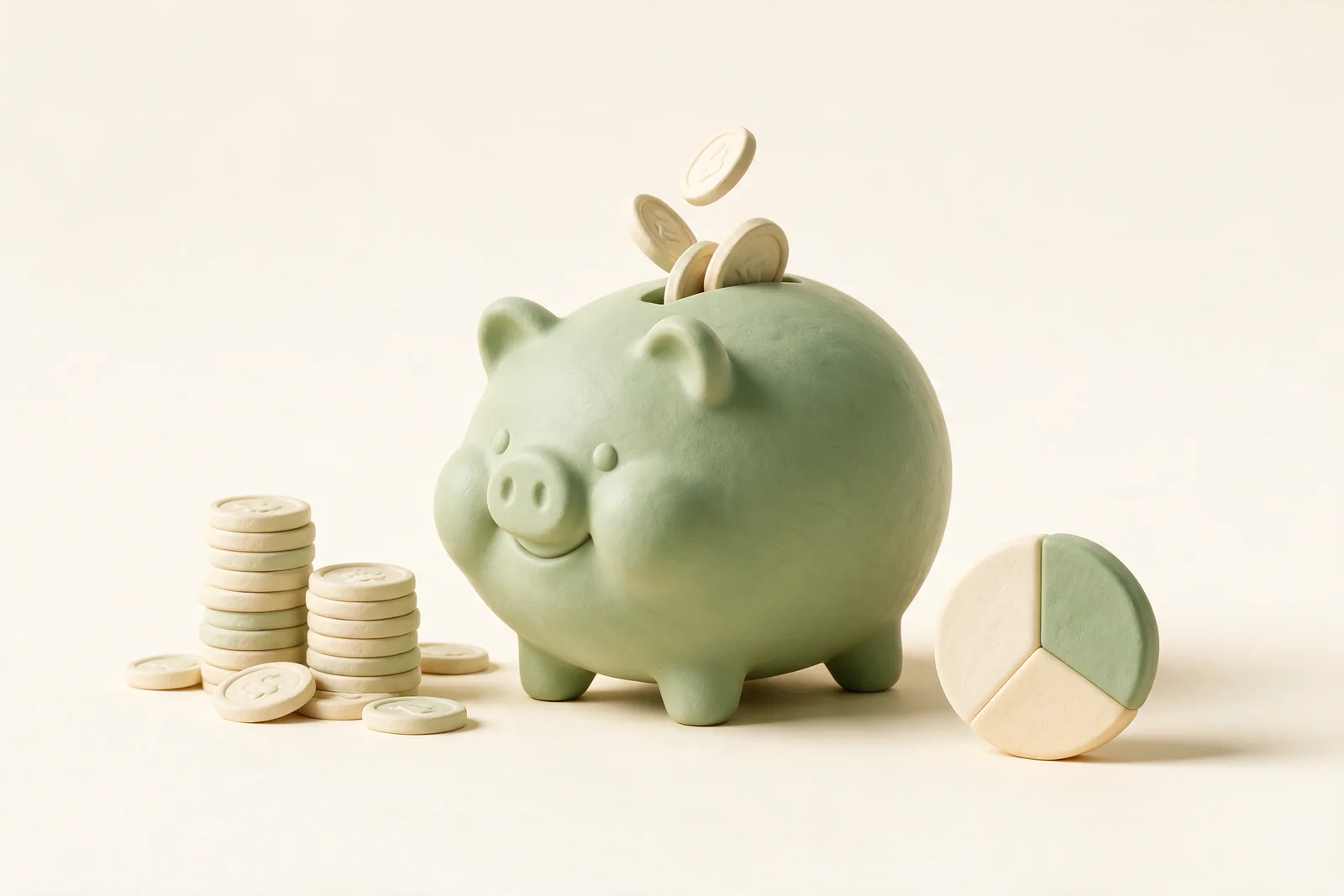 Illustration of a piggy bank with coins next to a budget pie chart